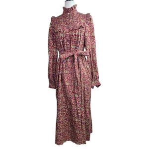 Laura Ashley  Vintage 70's Floral Prairie Red Boho Ruffle trim high collar Midi